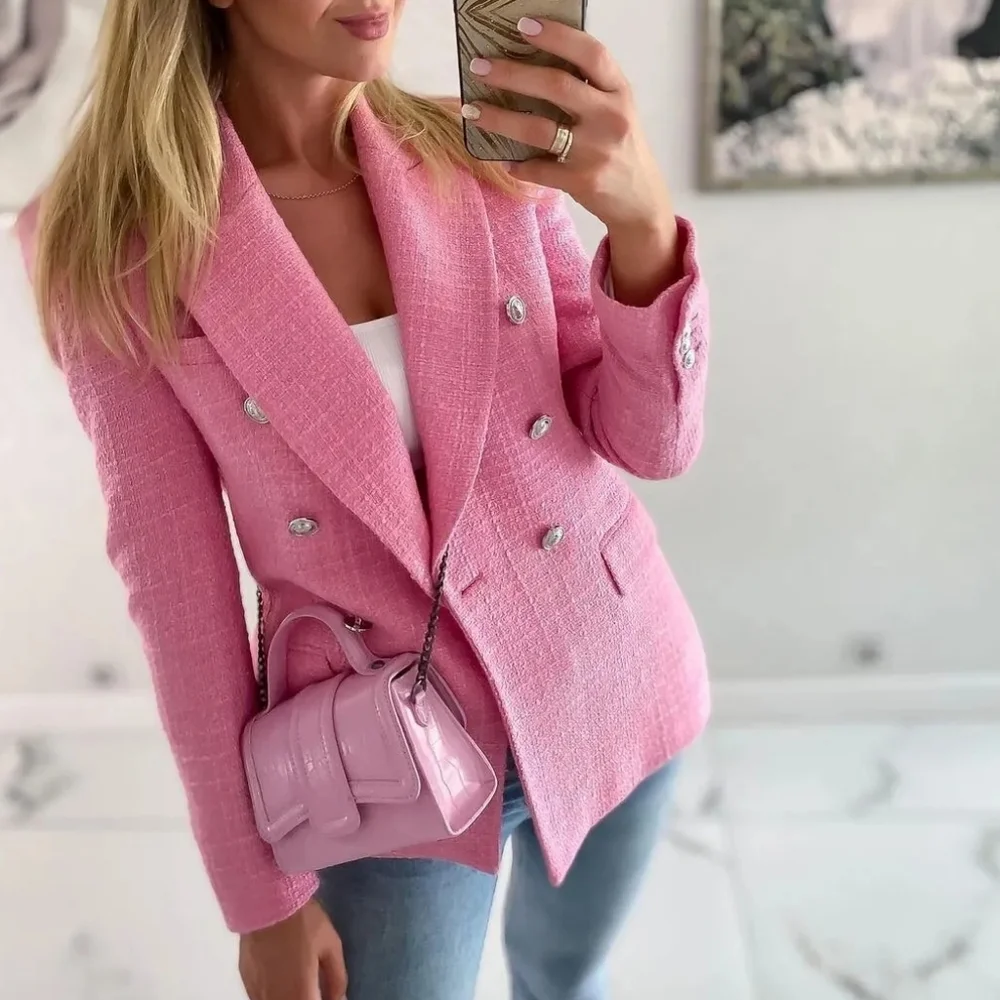 Zara Textured Tweed  Double Breasted  Blazer pink size S - Picture 3 of 17